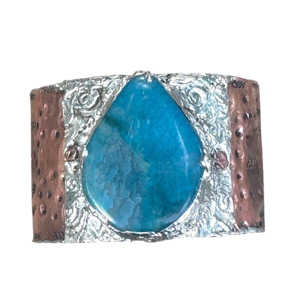 Rustic Copper & Silver Hammered Cuff Bracelet W/ Blue Agate Teardrop Gemstone - Picture 12 of 16